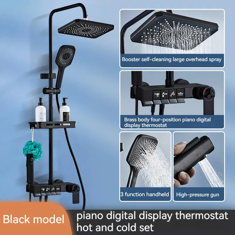 ZeeCry Thermostat Shower Set System/Digital Multifunction Shower Set Matte Black 5  in 1 Waterfall Shower Panel With Temparature Digital Display