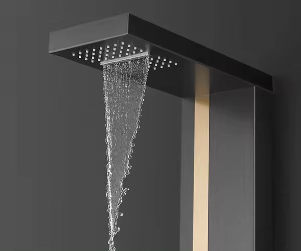 ZeeCry Shower Panel  Stainless Steel 304 Grade Shower Panel 5 in 1 Tower System , Matte Black Gold Finishing ,  Over Head Shower Dual Flow . Hand Shower , Body Jet Massage , Shower Panel  Wall Mount Easy Connect Shower Kit .