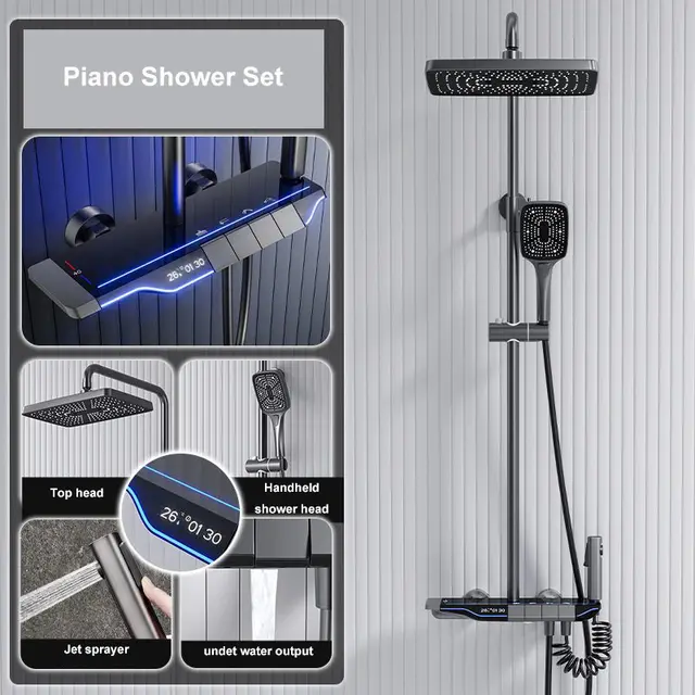 ZeeCry Thermostat Shower Set Gun Grey Finish with Blue LED Digital Temperature / 6 in 1 Wall Mixer Shower Panel/Rainfall Shower Set Modular/Piano Switches Shower Set with Head Shower/Hand Shower.