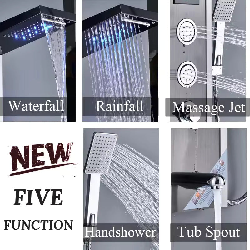 ZeeCry Luxurious  Shower Panel Rainfall Shower, Body Massage Spray Handheld Shower, Waterfall & Rain Shower,Stainless Steel 304 Grade,Shower Panel - Flow with Hydropowered LED Light + Digital Display & 5 Water Functions.