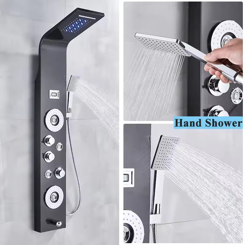 ZeeCry Stainless Steel Shower 304 Grade Panel 6 in 1 Tower System With LED Rainfall Shower Body Massage Spray Handheld Shower Temperature Display, Easy Connect Shower Panel.