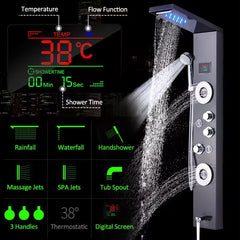 ZeeCry Luxurious  Shower Panel Rainfall Shower, Body Massage Spray Handheld Shower, Waterfall & Rain Shower,Stainless Steel 304 Grade,Shower Panel - Flow with Hydropowered LED Light + Digital Display & 5 Water Functions.