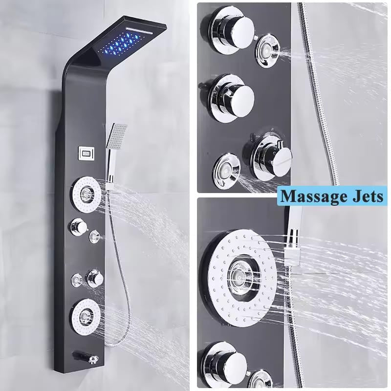 ZeeCry Stainless Steel Shower 304 Grade Panel 6 in 1 Tower System With LED Rainfall Shower Body Massage Spray Handheld Shower Temperature Display, Easy Connect Shower Panel.