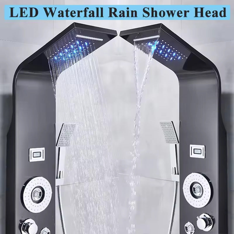 ZeeCry Stainless Steel Shower 304 Grade Panel 6 in 1 Tower System With LED Rainfall Shower Body Massage Spray Handheld Shower Temperature Display, Easy Connect Shower Panel.