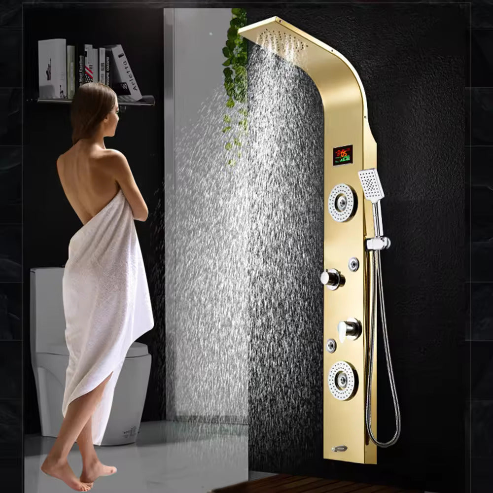 ZeeCry Stainless Steel Shower Panel Full Set ,Overhead Waterfall Shower , Hand Shower , Wall Mount Shower Panel For BathroomsBody Massage Spray Handheld Shower,Wall Mount Easy Connect Shower Panel Kit, Luxury Shower Panel 5 in One Tower System.