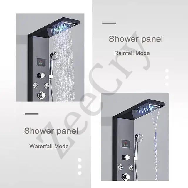 ZeeCry Thermostatic Shower Panel 8 in One With Digital LED Display Temperature/Wall Mount Easy Connect Black Shower Panel System/Rainfall Luxury Black Shower set (Stainless Steel) SS304