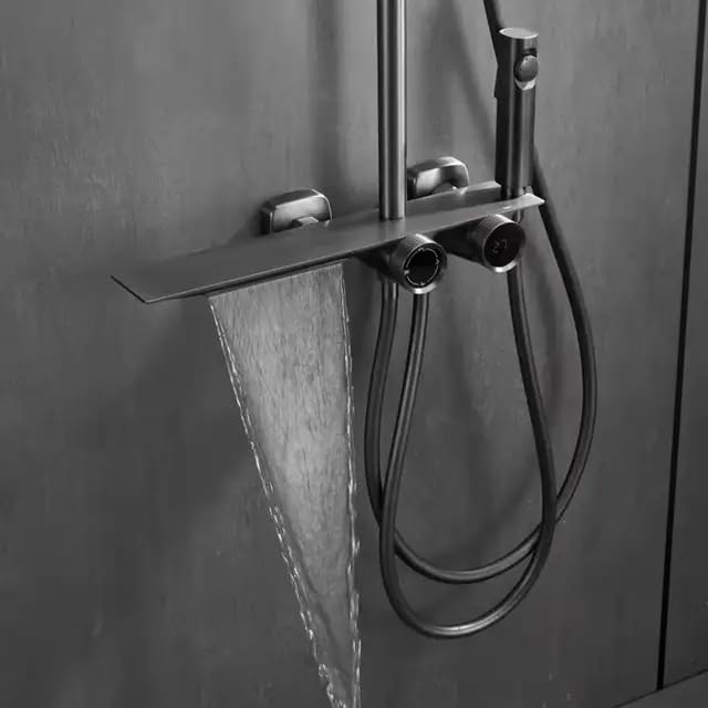 ZeeCry Thermostatic Shower Set Rainfall Modular Shower Panel/Hand shower/overhead rectangle Shower/Grey Color Brass Body / 5 in 1 Wall Mixer Single Lever Shower set