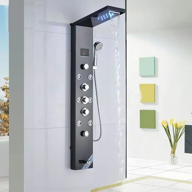 ZeeCry Thermostatic Shower Panel 8 in One With Digital LED Display Temperature/Wall Mount Easy Connect Black Shower Panel System/Rainfall Luxury Black Shower set (Stainless Steel) SS304