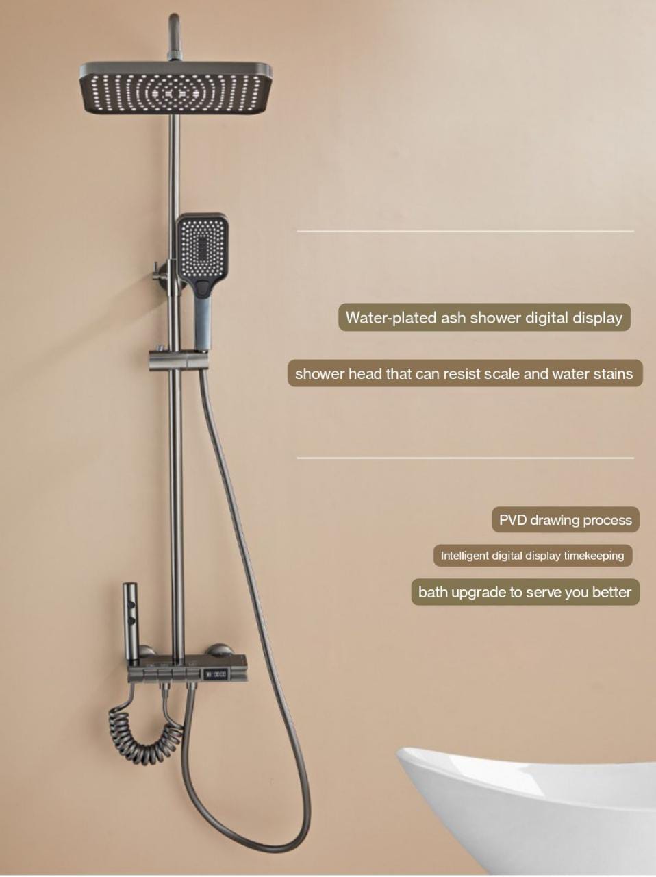 ZeeCry Luxury Thermostat Shower set Grey Matte Finish with Digital Temperature Display / 5 in 1 Wall Mixer Single Lever Shower /Rainfall Shower Set Modular (Stainless Steel)