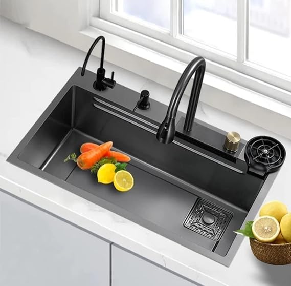 ZeeCry 30 * 18 * 10 Anti Scratch Nano Black, Stainless Steel 304, Multifunction Sink, Waterfall Sink, All in One Kitchen Sink, Digital Sink - 1 Pack