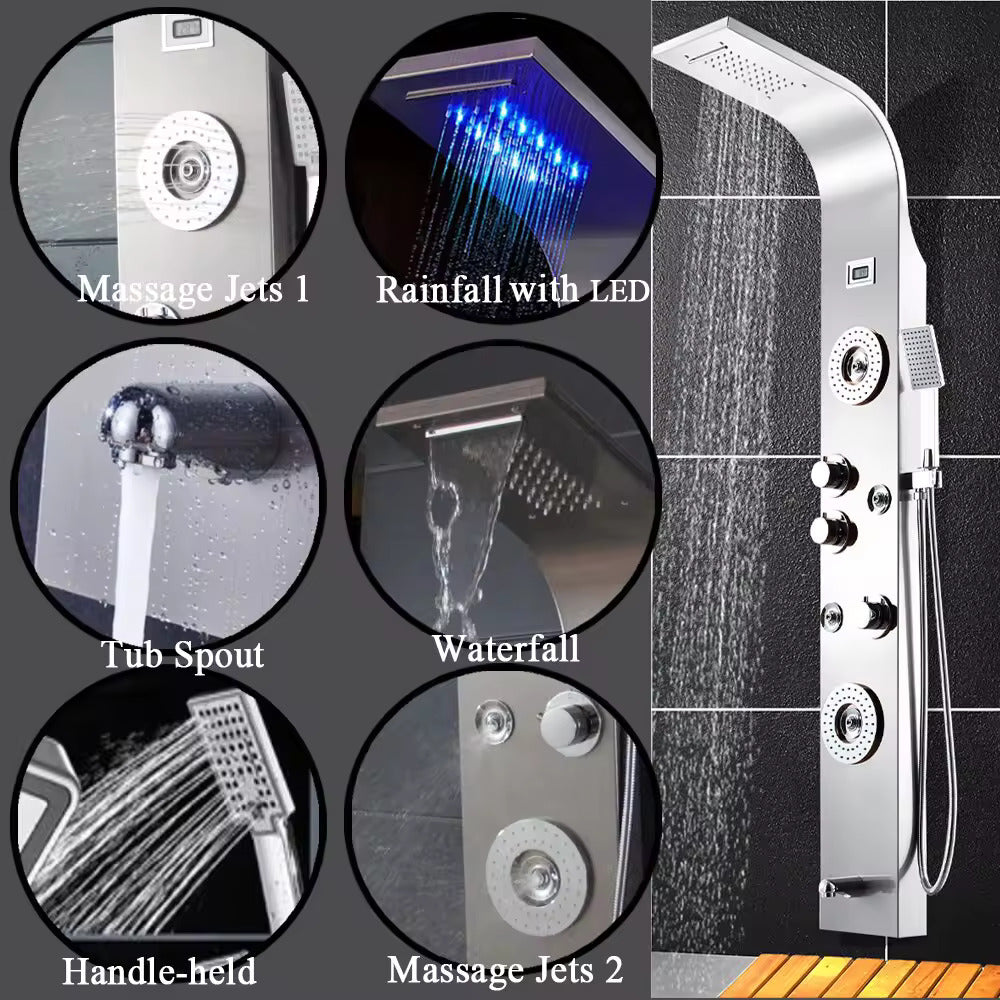 ZeeCry Luxurious  Shower Panel Rainfall Shower, Body Massage Spray Handheld Shower, Waterfall & Rain Shower,Stainless Steel 304 Grade,Shower Panel - Flow with Hydropowered LED Light + Digital Display & 5 Water Functions.