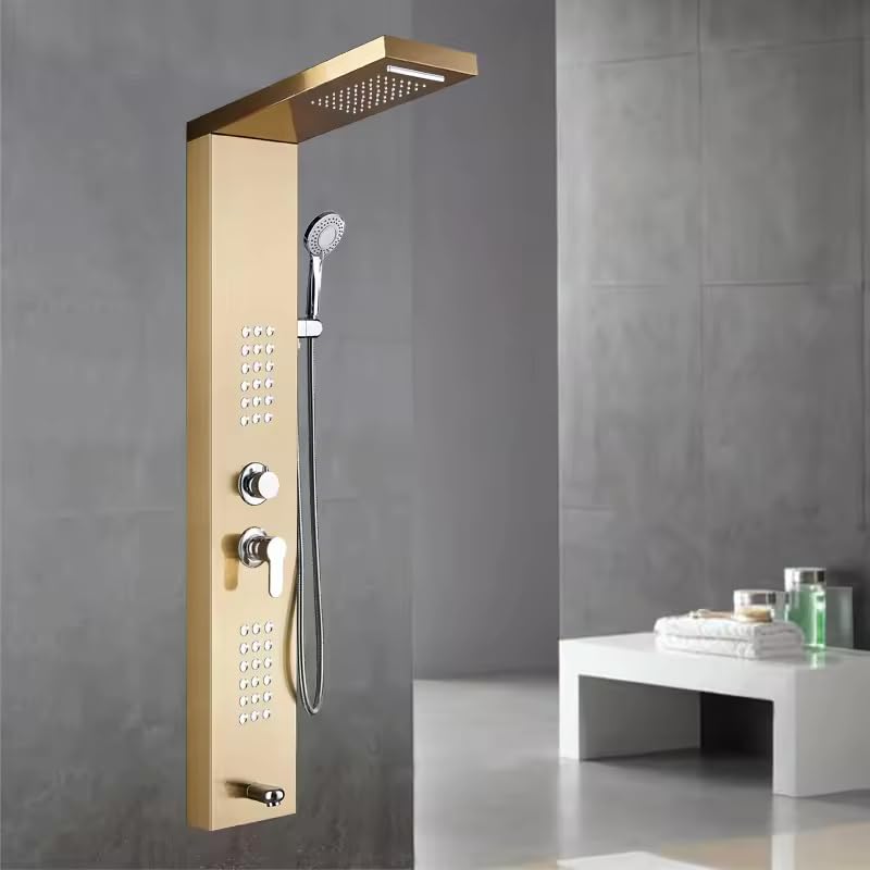 ZeeCry Shower Panel Rainfall Shower, Body Massage Spray Handheld Shower,Wall Mount Easy Connect Shower Panel Kit, Luxury Gold Shower Panel 6 in One With LED Display Tower System (Shower 7)