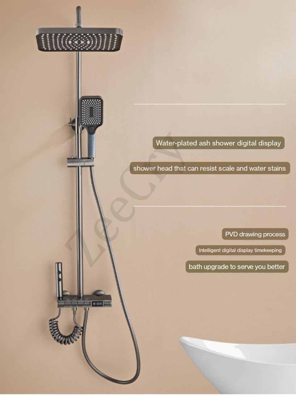 ZeeCry Luxury Thermostat Shower set Grey Matte Finish with Digital Temperature Display / 5 in 1 Wall Mixer Single Lever Shower Panel/Rainfall Shower Set Modular