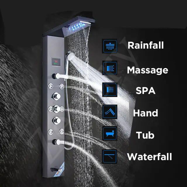 ZeeCry Thermostatic Shower Panel 8 in One With Digital LED Display Temperature/Wall Mount Easy Connect Black Shower Panel System/Rainfall Luxury Black Shower set (Stainless Steel) SS304