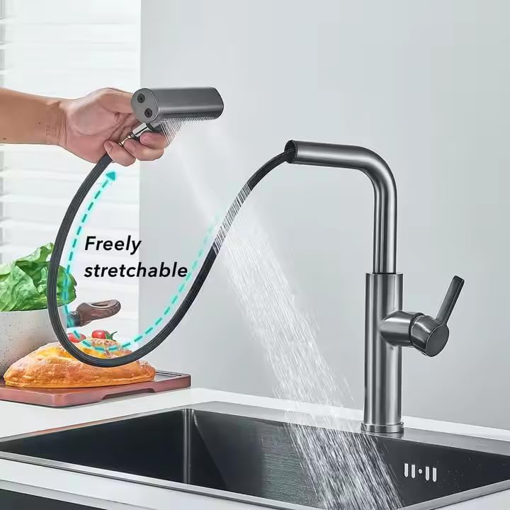 Zeecry Full Brass Kitchen Sink Tap | 4-Mode Pull-Down Faucet | 360° Swivel | Single Lever | Multi-Angle Spray | Sleek Matte Finish | Heavy-Duty Design | 5-Year Warranty | Hot & Cold Mixer (Brass)