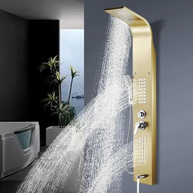 ZeeCry Shower Panel Rainfall Shower, Body Massage Spray Handheld Shower ,Wall Mount Easy Connect Shower Panel Kit , Luxury Gold Shower Panel 6 in One With LED Display Tower System ( Stainless Steel ) 304