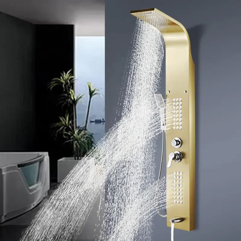 ZeeCry Shower Panel Rainfall Shower, Body Massage Spray Handheld Shower ,Wall Mount Easy Connect Shower Panel Kit , Luxury Gold Shower Panel 6 in One With LED Display Tower System ( Stainless Steel ) 304