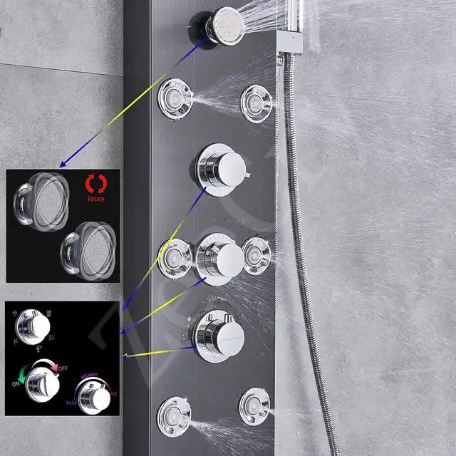 ZeeCry Thermostatic Shower Panel 8 in One With Digital LED Display Temperature/Wall Mount Easy Connect Black Shower Panel System/Rainfall Luxury Black Shower set (Stainless Steel) SS304