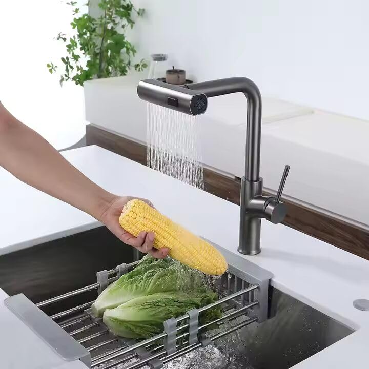 Zeecry Full Brass Kitchen Sink Tap | 4-Mode Pull-Down Faucet | 360° Swivel | Single Lever | Multi-Angle Spray | Sleek Matte Finish | Heavy-Duty Design | 5-Year Warranty | Hot & Cold Mixer (Brass)