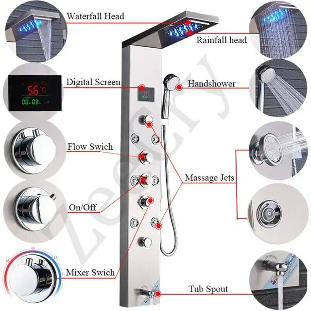 ZeeCry Thermostatic Chrome shower Panel/Rainfall Shower,8 Body Massage Spray/Luxury Bathroom shower Panel Waterfall Body Massage shower (Stainless Steel) 304