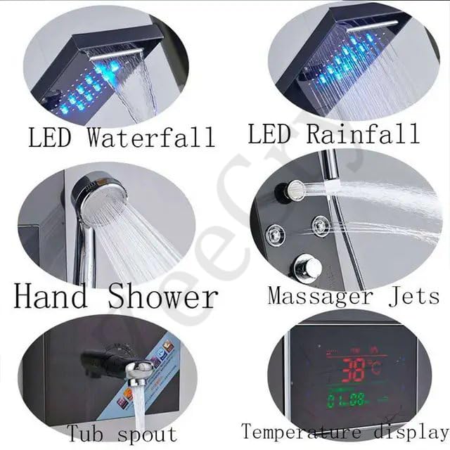 ZeeCry Shower Panel Rainfall Shower,8 Body Massage Spray Handheld,Wall Mount Easy Connect Shower Panel, Luxury Black Shower Panel 6 in One With LED Display Tower System (304 Stainless Steel)