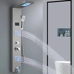 ZeeCry Luxurious Shower Panel Rainfall Shower, Body Massage Spray Handheld Shower,Wall Mount Easy Connect Shower Panel Kit, Luxury Silver Shower Panel 5 in One With LED Display Temperature