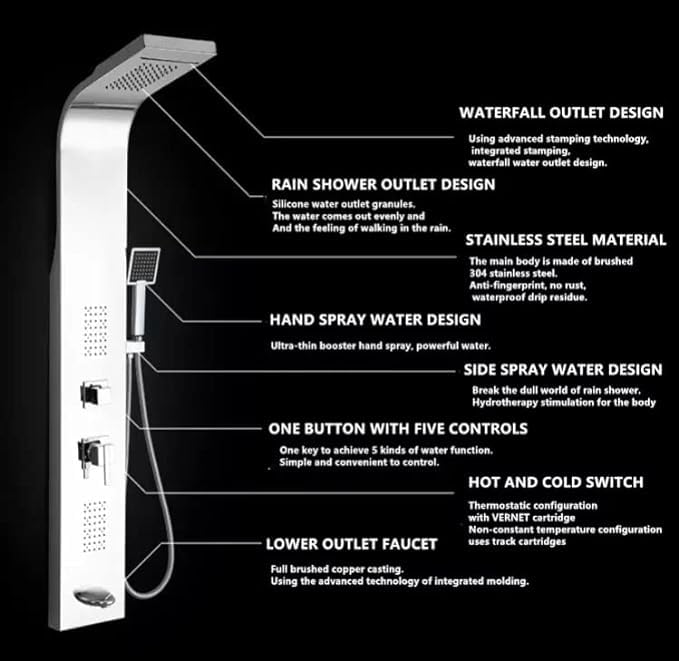 ZeeCry Shower Panel Stainless Steel Shower 304 Grade Panel 6 in 1 Tower System Rainfall Shower, Body Massage Spray Handheld Shower,Wall Mount Easy Connect Shower Panel Kit