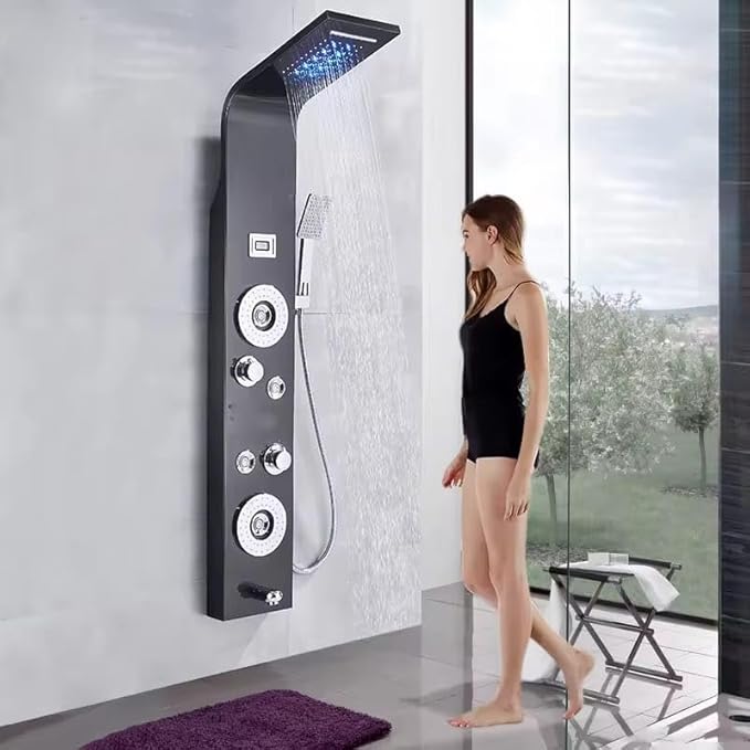 ZeeCry Stainless Steel 304 Thermostate Shower Panel 6 in 1 Shower Panel System/shower panel Tower System / 4 Body Massage Spray Shower Temperature Display Easy Connect Shower Panel Black Finishing