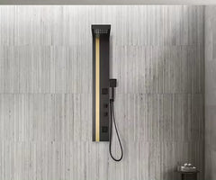 ZeeCry Shower Panel  Stainless Steel 304 Grade Shower Panel 5 in 1 Tower System , Matte Black Gold Finishing ,  Over Head Shower Dual Flow . Hand Shower , Body Jet Massage , Shower Panel  Wall Mount Easy Connect Shower Kit .