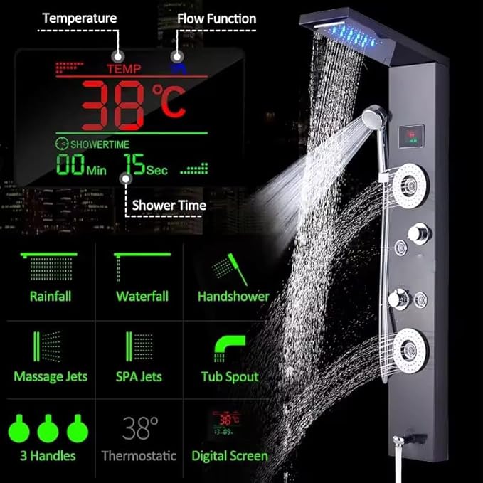 ZeeCry Shower Panel Thermostatic 5 in One with Rainfall Shower, Body Massage Spray, Handheld Shower, and Wall Mount - Easy Connect Shower Panel Kit with LED Display Temperature - Luxury Black Finish