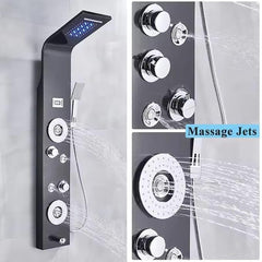 ZeeCry Shower Panel Thermostatic 5 in One with Rainfall Shower, Body Massage Spray, Handheld Shower, and Wall Mount - Easy Connect Shower Panel Kit with LED Display Temperature - Luxury Black Finish