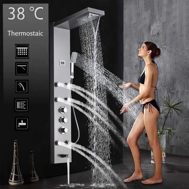 ZeeCry Thermostatic Shower Panel 8 in One With Digital LED Display Temperature/Wall Mount Easy Connect Black Shower Panel System/Rainfall Luxury Black Shower set (Stainless Steel) SS304