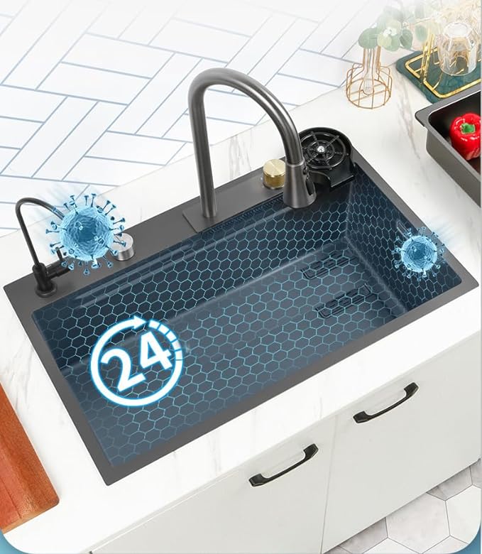 ZeeCry Kitchen Sink with Anti SCRATCH HONEYCOMBNET DESIGN multifunction sink Integrated Waterfall and Pull-down Faucet Set ,304 Grade Stainless Steel Sink with Heavy Cup washer and Drain Baskets (30x18x9 inch, Nano Coating)