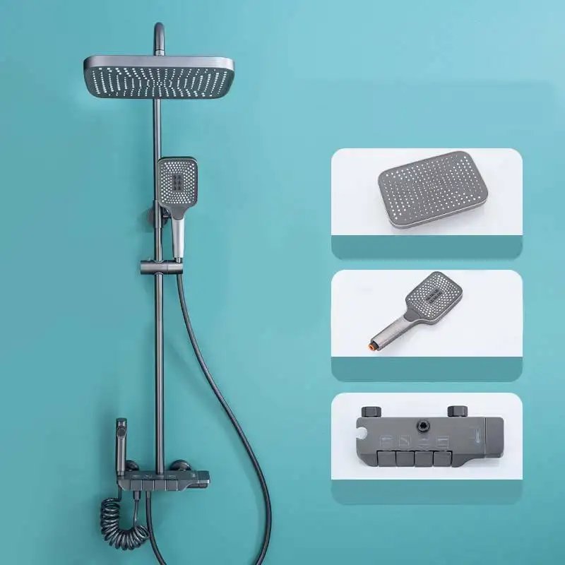 ZeeCry Thermostatic Shower Set Rainfall Modular Hand shower + overhead rectangle Shower/Grey Color (Stainless Steel) SS304 Brass Body / 4 in 1 Wall Mixer Single Lever Shower set