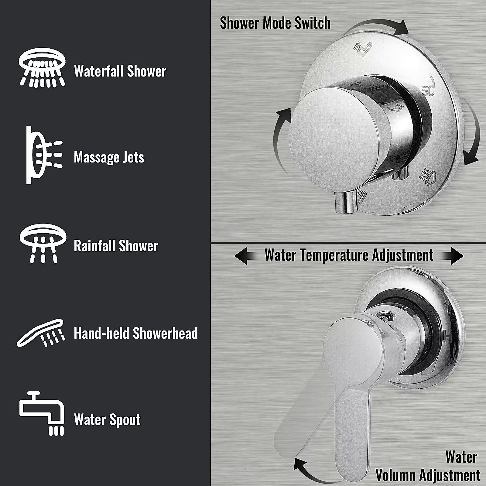 ZeeCry Shower Panel Stainless Steel Shower 304 Grade Panel 6 in 1 Tower System Rainfall Shower, Body Massage Spray Handheld Shower,Wall Mount Easy Connect Shower Panel Kit